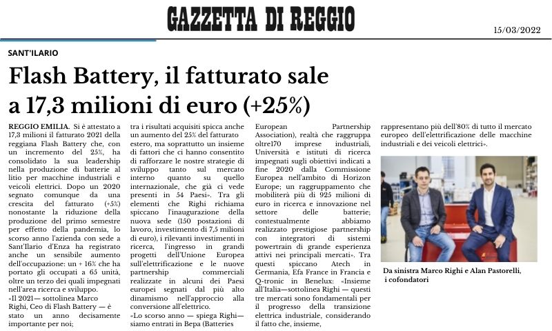 Gazzetta di Reggio il fatturato di Flash Battery sale a 17.3 milioni