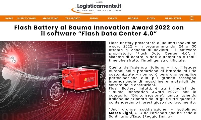 Logisticamente Flash Battery finalista al Bauma Innovation Award 2022
