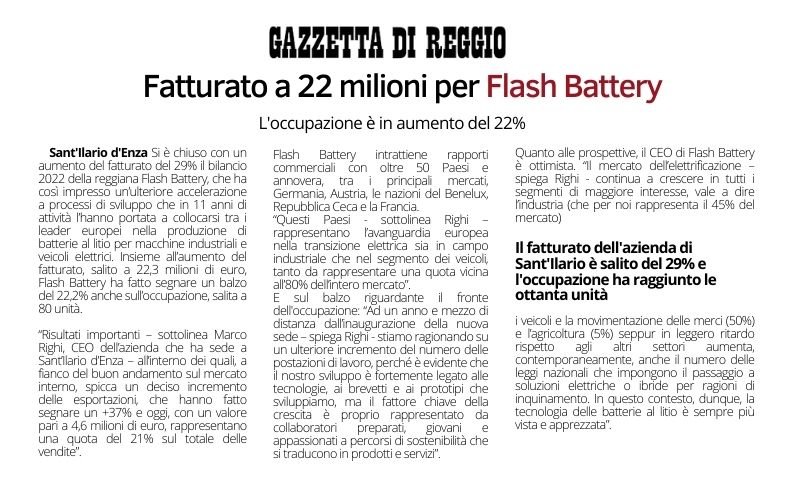 gazzetta reggio fatturato 22 milioni per Flash Battery nel 2022